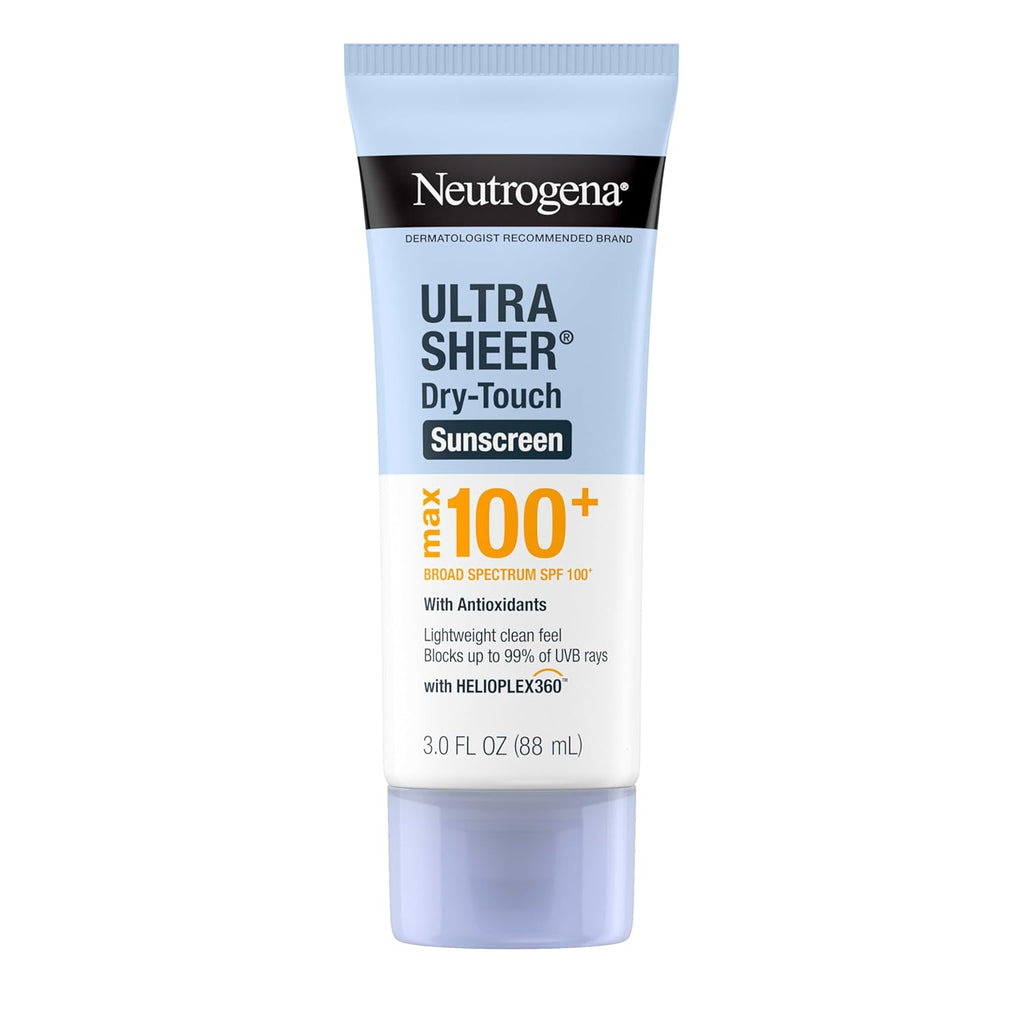 Neutrogena Ultra Sheer Dry-Touch Sunscreen Lotion, Max 100+ Broad Spectrum SPF 100 UVA/UVB Protection, Lightweight, Non-Greasy Sunscreen, Oxybenzone-Free, Antioxidant, Travel Size, 3 Fl Oz