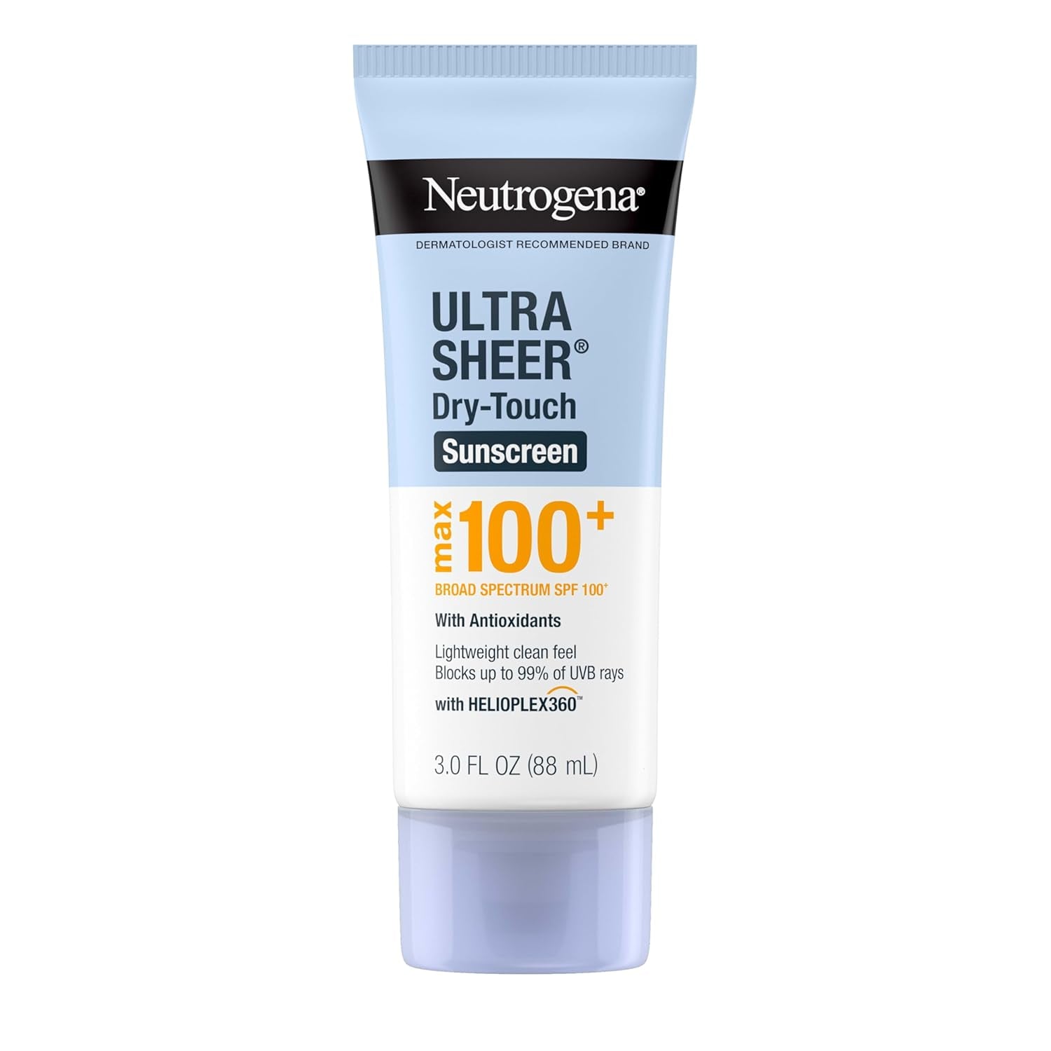 Neutrogena Ultra Sheer Dry-Touch Sunscreen Lotion, Max 100+ Broad Spectrum SPF 100 UVA/UVB Protection, Lightweight, Non-Greasy Sunscreen, Oxybenzone-Free, Antioxidant, Travel Size, 3 Fl Oz