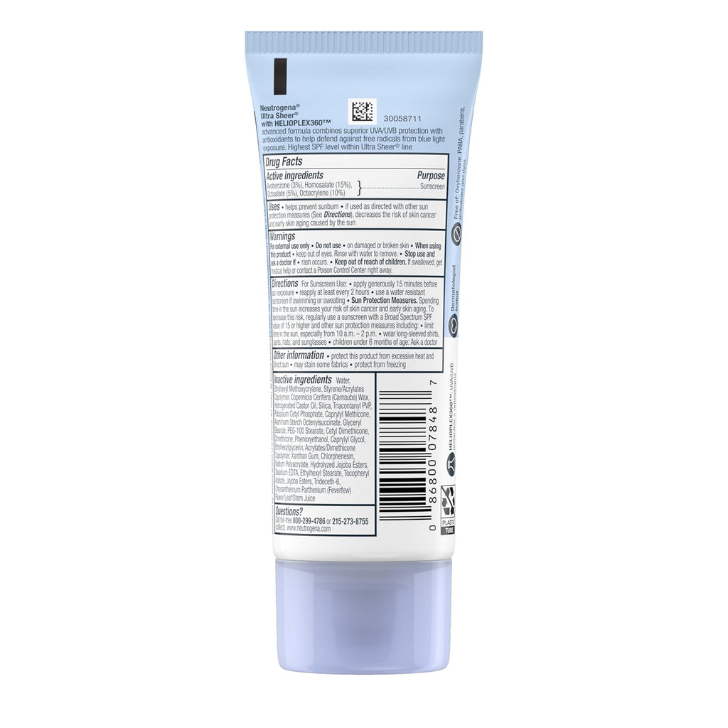 Neutrogena Ultra Sheer Dry-Touch Sunscreen Lotion, Max 100+ Broad Spectrum SPF 100 UVA/UVB Protection, Lightweight, Non-Greasy Sunscreen, Oxybenzone-Free, Antioxidant, Travel Size, 3 Fl Oz