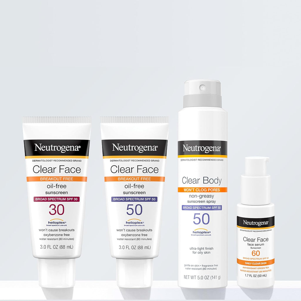 Neutrogena Clear Face Sunscreen Lotion for Acne-Prone Skin, Broad Spectrum SPF 50, Sunscreen for Face & Oily Skin, Oil-,Fragrance- & Oxybenzone-Free, Water Resistant, Matte, Unscented, 3 Fl Oz