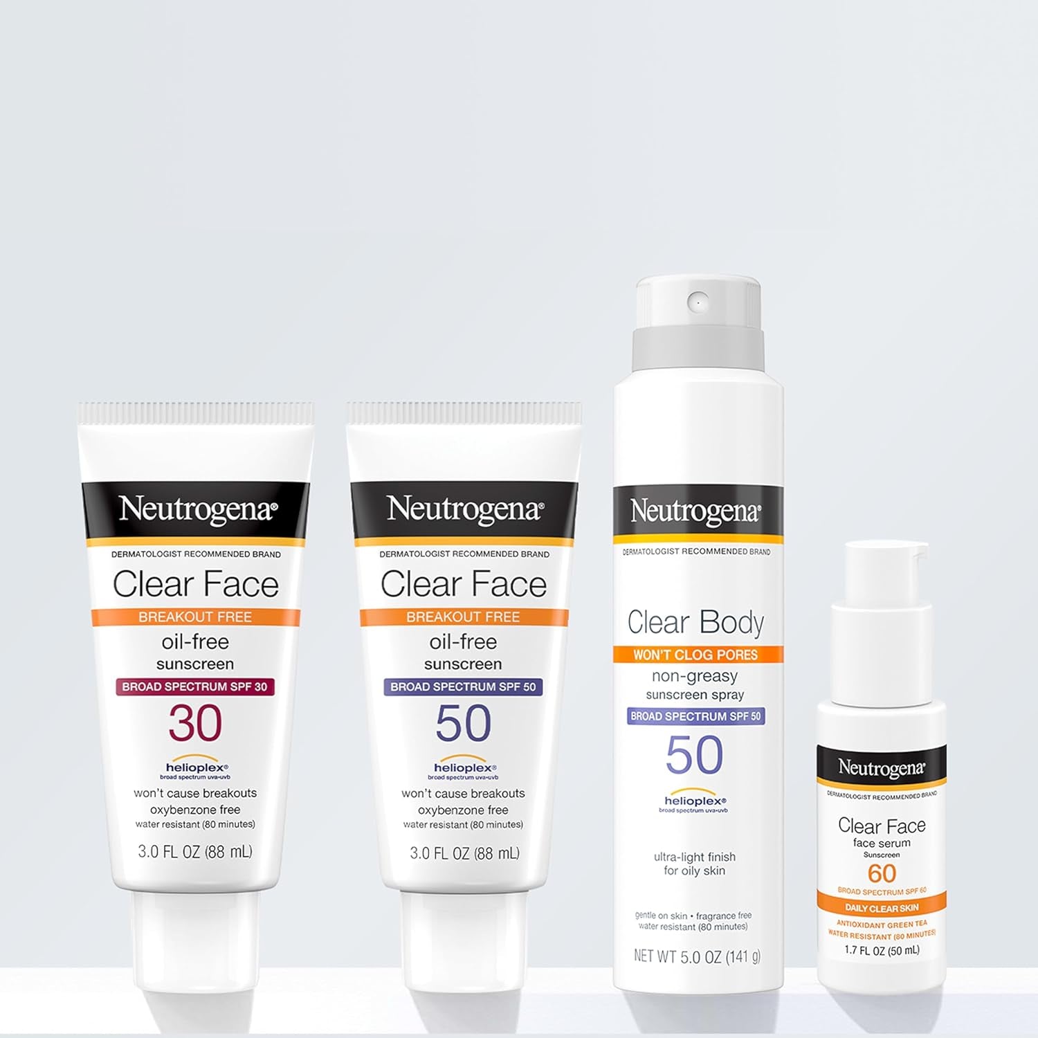 Neutrogena Clear Face Sunscreen Lotion for Acne-Prone Skin, Broad Spectrum SPF 50, Sunscreen for Face & Oily Skin, Oil-,Fragrance- & Oxybenzone-Free, Water Resistant, Matte, Unscented, 3 Fl Oz