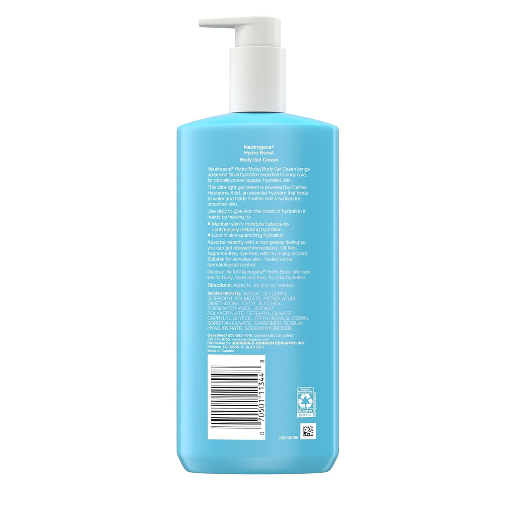 Neutrogena Hydro Boost Body Moisturizing Gel Cream with Hyaluronic Acid, Non-Greasy & Fast Absorbing, Lightweight Hydrating Body Lotion for Normal to Dry Skin, Fragrance-Free, 16 Oz