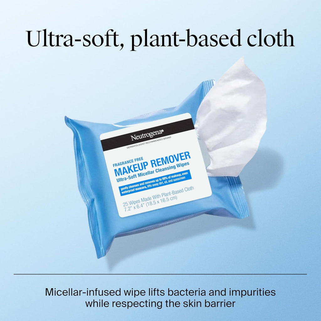 Neutrogena Fragrance-Free Makeup Remover Wipes, Daily Ultra-Soft Micellar Cleansing Wipes Gently Remove Oil & Waterproof Makeup, Hypoallergenic, Made with Plant-Based Cloth, 25 Ct