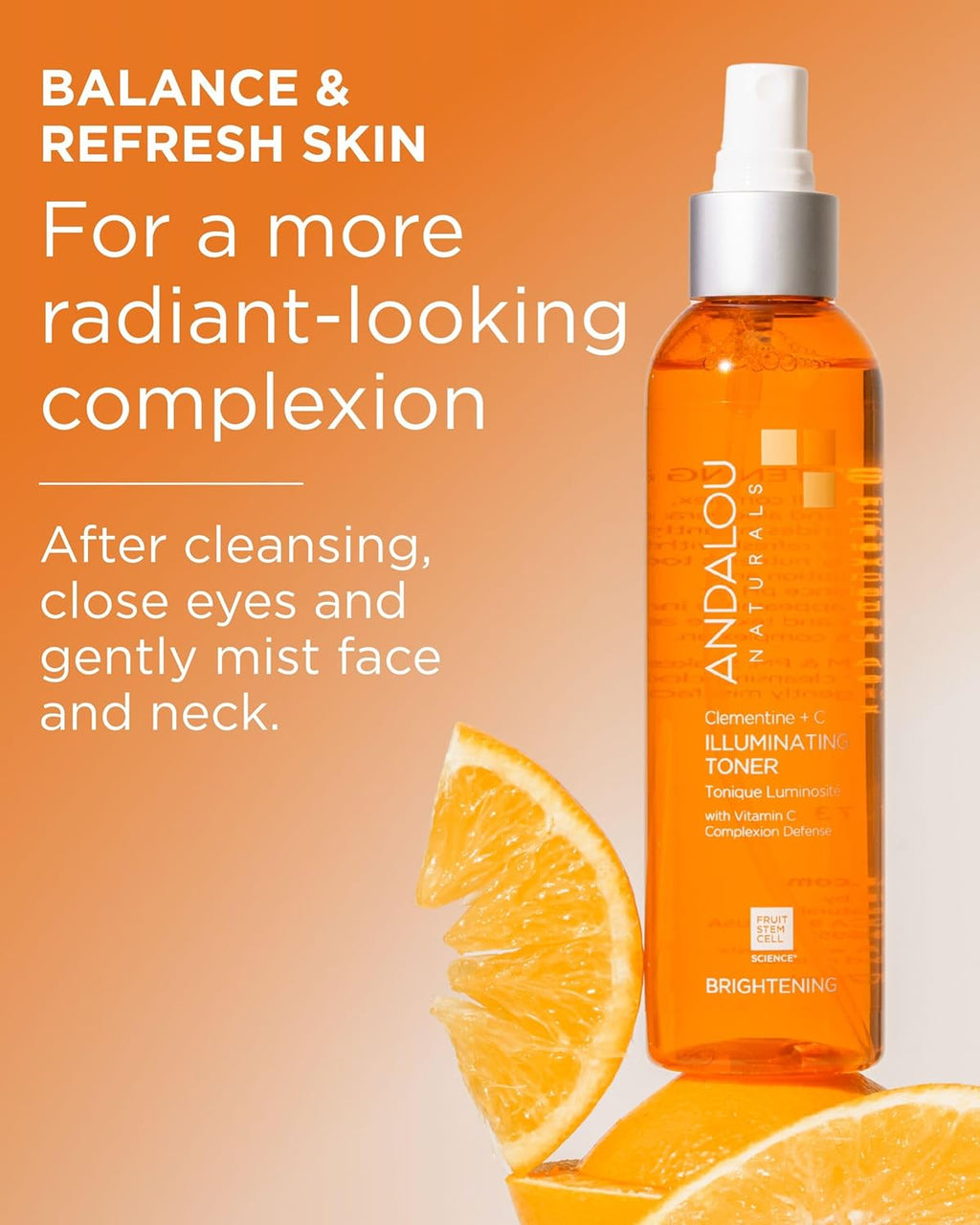 Illuminating Facial Toner Clementine + Vitamin C - Hydrating Face Mist Toner to Balance & Refresh Skin - with Fruit Stem Cell Complex plus Aloe Vera - 6 Fl Oz