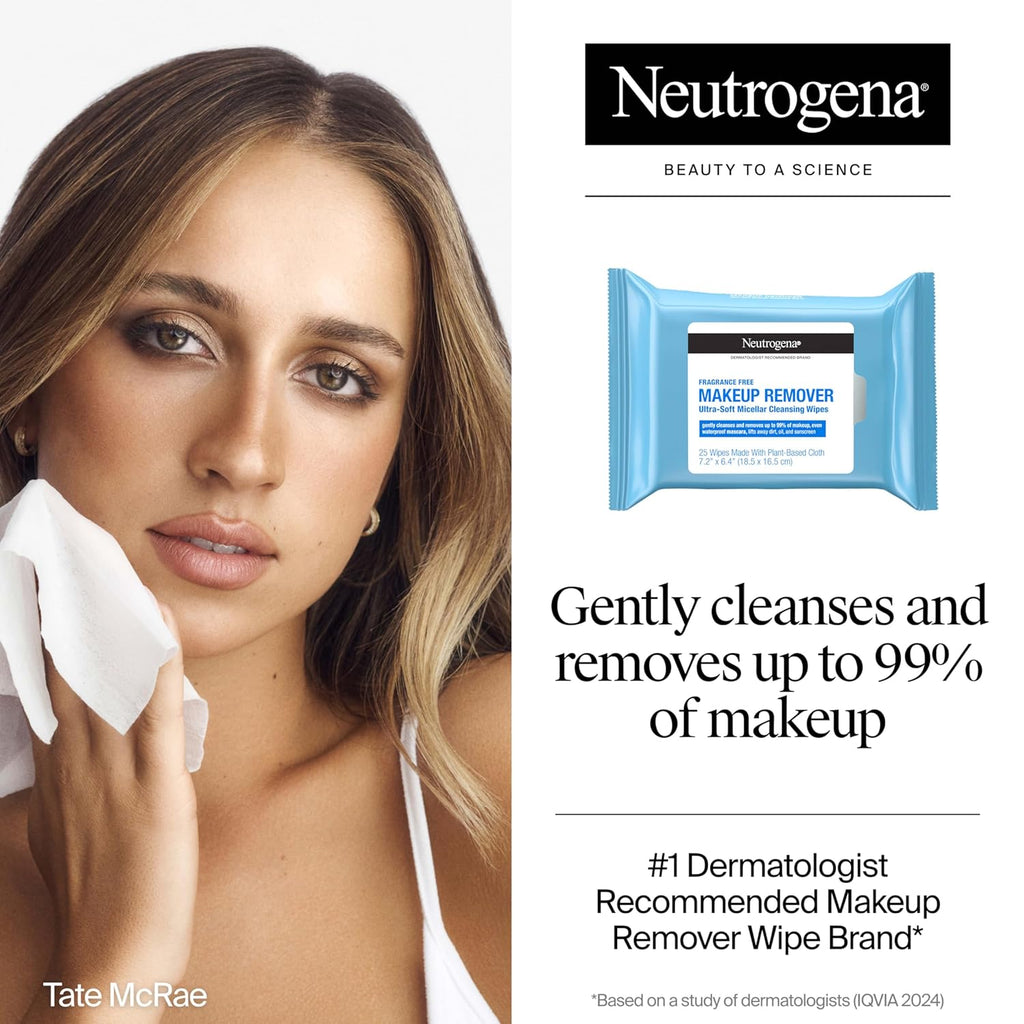 Neutrogena Fragrance-Free Makeup Remover Wipes, Daily Ultra-Soft Micellar Cleansing Wipes Gently Remove Oil & Waterproof Makeup, Hypoallergenic, Made with Plant-Based Cloth, 25 Ct