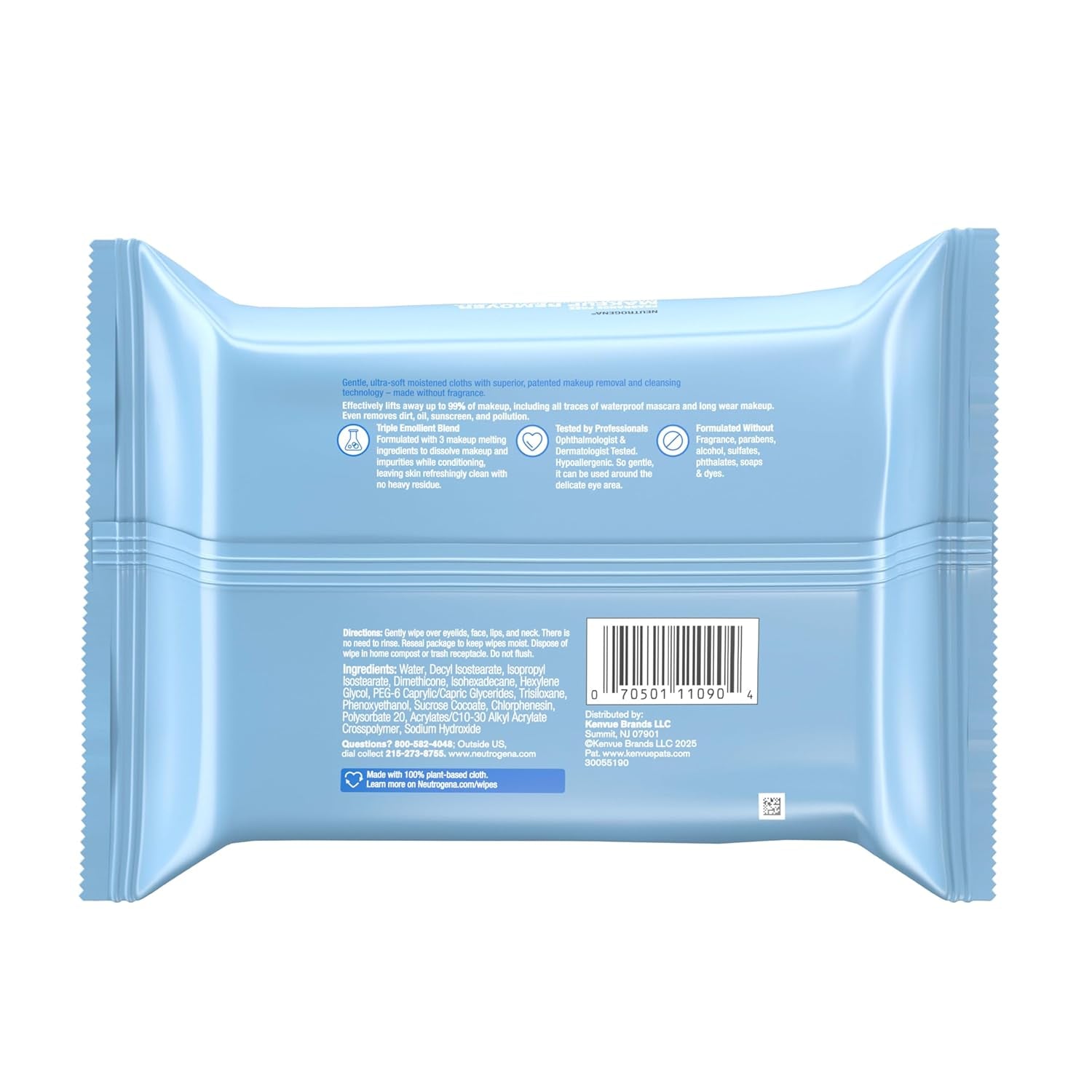 Neutrogena Fragrance-Free Makeup Remover Wipes, Daily Ultra-Soft Micellar Cleansing Wipes Gently Remove Oil & Waterproof Makeup, Hypoallergenic, Made with Plant-Based Cloth, 25 Ct
